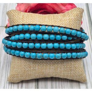 Victoria Emerson Blue Turquoise Stone Beads Brown Leather Cord Wrap Bracelet 36"